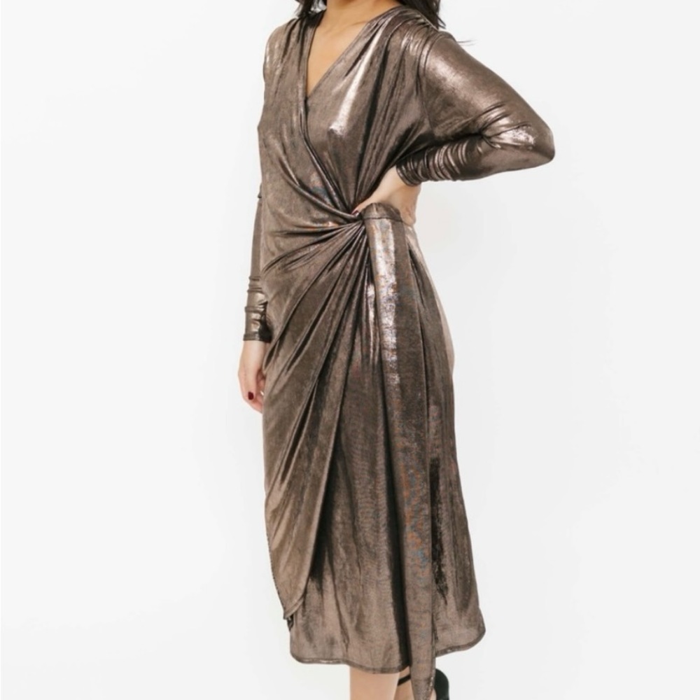 Smash + Tess Metallic Bronze Wrap Midi Dress